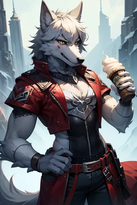 an anthropomorphic character,a wolf , in warrior clothes , holding ice cream, dramatic digital art