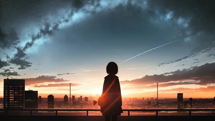 anime,silhouette,1girl, star (sky), cloud, headphone、big window 、cityscape, building, city, outdoors, skyscraper, city lights, night, night sky, sunset, skyline