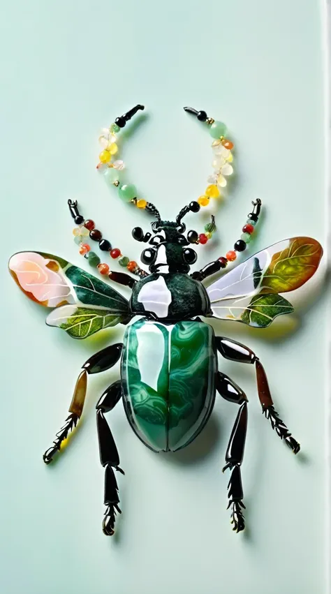 Art jade doll,
Jadeite, jewelry and glass make up the body of an ancient beetle with long antlers on its head, colorful beads hanging from behind its back, green wings at each end, delicate details, exquisite craftsmanship, light gray background, front vi...