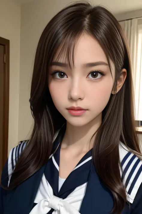 one girl, (A beauty girl, Delicate girl:1.3), (14 years old, Gal:1.3),
break, (Sailor suit uniform:1.3),
break, (Open Button:1.3),
break, Very fine grain definition, (Symmetrical eyes:1.3),
break, (bedroom:1.2),
break, Large Breasts, Brown eyes, Parted ban...