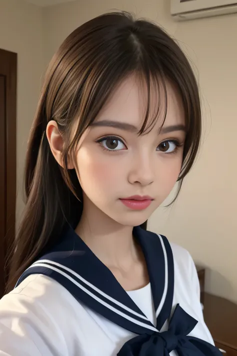 one girl, (A beauty girl, Delicate girl:1.3), (14 years old, Gal:1.3),
break, (Sailor suit uniform:1.3),
break, (Open Button:1.3),
break, Very fine grain definition, (Symmetrical eyes:1.3),
break, (bedroom:1.2),
break, Large Breasts, Brown eyes, Parted ban...