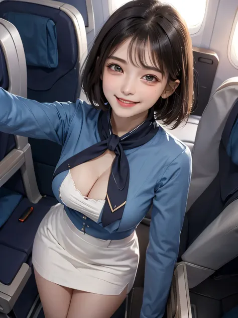 {{{16k}}},{{{masterpiece:1.2}}}, {{{best quality}}}, {{{ultra detailed}}},{{{an extremely delicate and beautiful}}},1 Woman Standing, stewardess, (stewardess uniform) ,Showcasing cleavage,scarf, beautiful girl, (smile:1.4),black hair, Bowl Cut Hair,Big eye...