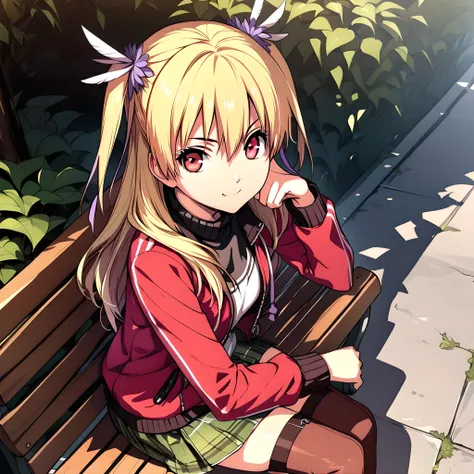 (masterpiece),(best quality),(ultra-detailed),(best illustration),(best shadow),(absurdres),(detailed background),(very aesthetic), sen12, blonde hair, two side up, purple ribbon, turtleneck, red jacket, green miniskirt, brown thighhighs, smile, looking at...