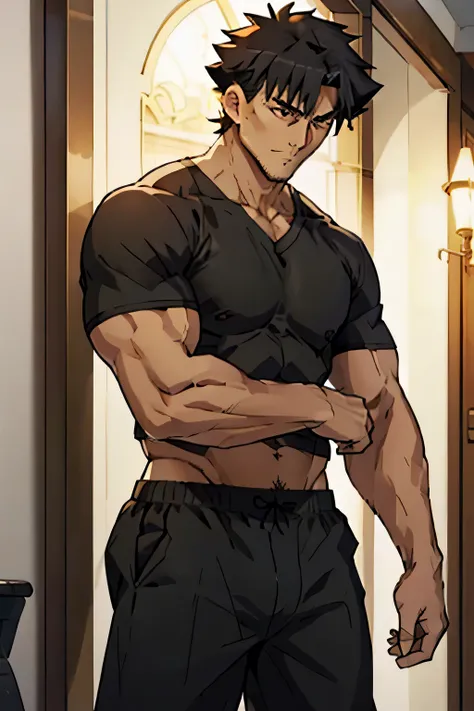 Kiritsugu Emiya,flexing biceps,showing abs, black boxershorts,huge veins on biceps