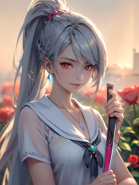 In the background is a garden filled with red roses, Silver Hair, Front Ponytail, Eye Reflexes, Red contact lenses, Pink Eyes,Heterochromia， Put on earrings, blue crystal pendant，Wicked Smile, hair band，Attention to detail, Romanticism, Depth of written bo...