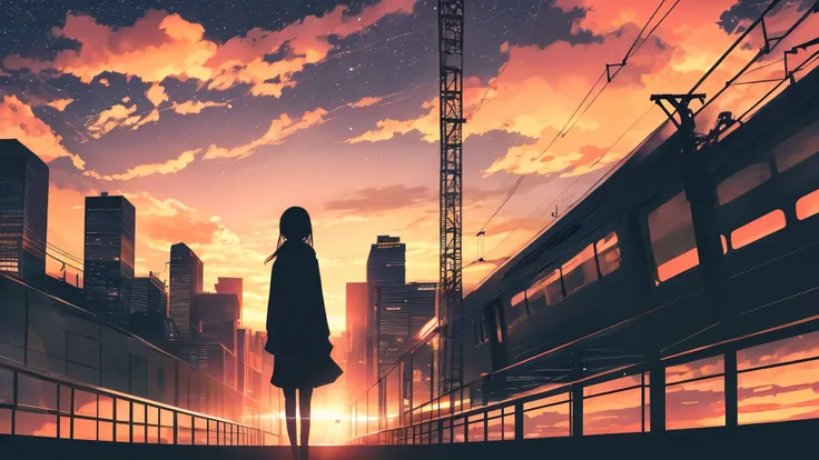 anime,silhouette,1girl, star (sky), cloud, headphone、 the train 、cityscape, building, city, outdoors, skyscraper, city lights, night, night sky, sunset, skyline