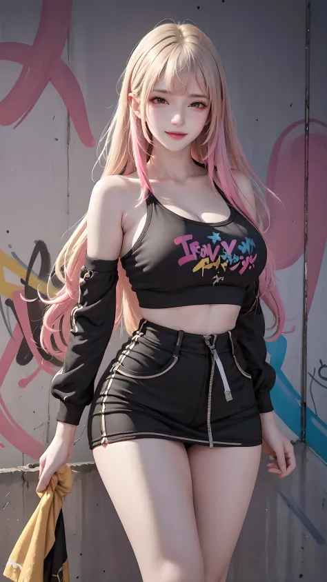 (best quality), masterpiece, Extremely detailed CG8K illustrations, High Color, Extremely High Color saturation, All colors are deepened, , Graffiti Art, Central Composition, Extremely detailed lighting, Graffiti Wall, Walls painted bright colors, 1 girl g...