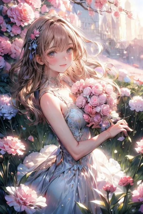 masterpiece:1.2,highest quality,16k,highres,ultra-realistic,photorealistic:1.37,beautiful detailed:1.2, carnation cute fairy girl,standing in a meadow full of carnations,holding a bouquet of carnations,meadow(colorful carnations,full of carnations,bluesky)...