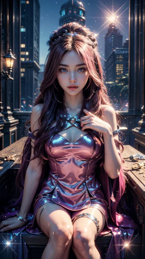 4k, UHD, masterpiece, 1 girl, good face, ((detailed eyes)), very long hair, impressive hairstyle, perfect brasts, fantasy cosplay, pink cosplay, strap cosplay, cape, night city, building, lamps, depth of field, reflection light, ((sparkle)), chromatic aber...