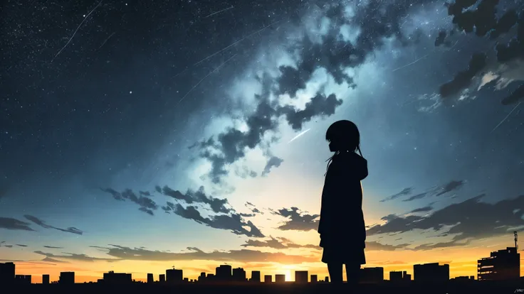 anime,silhouette,1girl, star (sky), cloud, headphone、 the train 、cityscape, building, city, outdoors, skyscraper, city lights, night, night sky, sunset, skyline