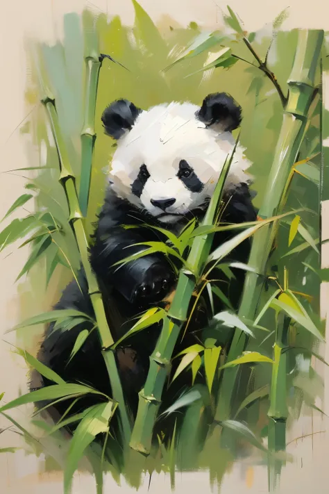 bamboo, painting, impressionist style, nature, baby panda, green, black and white, texture, brushstrokes, canvas, vertical compo...