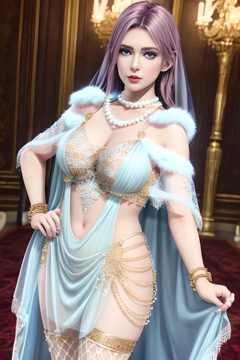 1girl,beautiful detailed eyes,beautiful detailed lips,extremely detailed eyes and face,long eyelashes,(Wearing Ice-crystal embellished dress:1.2),(Wearing Jewel:1.2),(lace_cloak:1.3),(Fluffs),(pearl bodychain:1.3),mesh pantyhose,(best quality,4k,8k,highres...