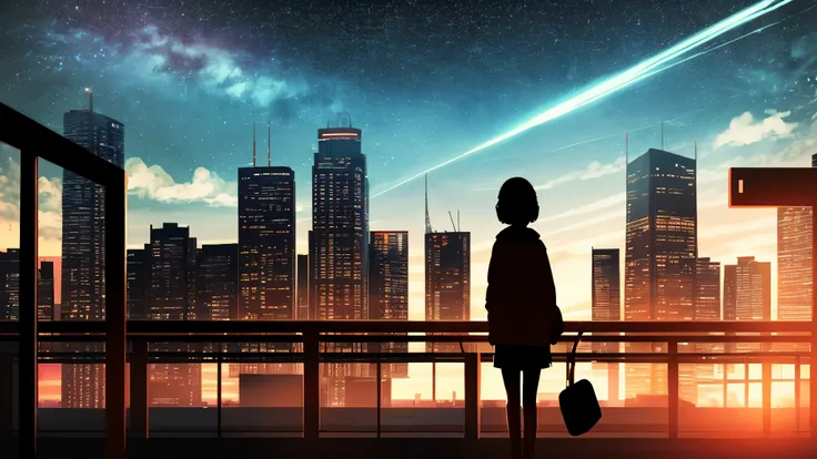 anime,silhouette,1girl, star (sky), cloud, headphone、 the train 、cityscape, building, city, outdoors, skyscraper, city lights, night, night sky, sunset, skyline