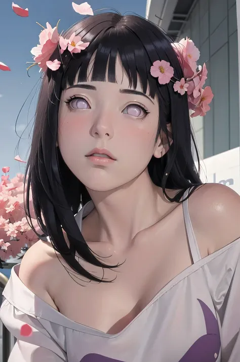 masterpiece, absurdres, hinata(boruto), 1girl, solo,mature female, off-shoulder oversized shirt, looking at viewer, (falling petals), perfect composition, detailed lips, big breast, beautiful face, body propotion, blush, (pink lips), long hair,  purple eye...