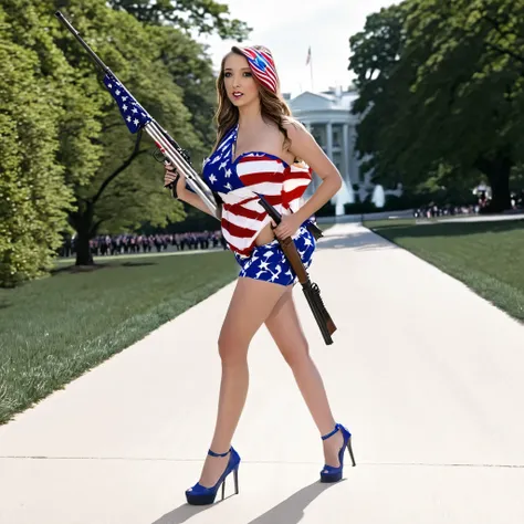 a cute woman dressed in a sexy american flag marches towards the white house, she is carrying a rifle