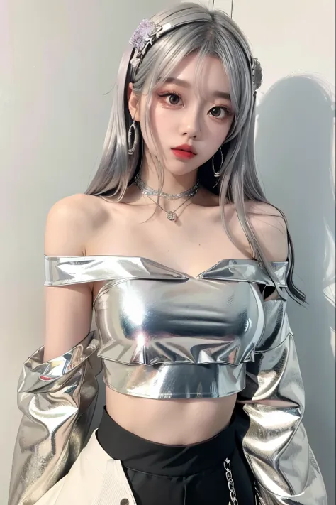 igumdrop, upper body image, wearing silver metallic off shoulder crop top