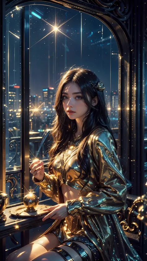 4k, UHD, masterpiece, 1 girl, good face, ((detailed eyes)), very long hair, impressive hairstyle, perfect brasts, fantasy clothing, golden clothing, (strips:1.3), night city, building, lamps, depth of field, reflection light, ((sparkle)), chromatic aberrat...