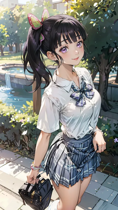 kimetsu no yaiba style, (kanao tsuyuri, ,kanaodef), (black hair, butterfly hair ornament, side ponytail, ponytail), (purple eyes...