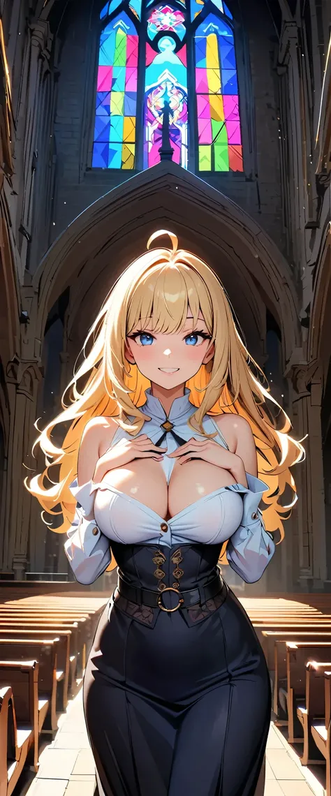 (highest quality:1.2, Very detailed, Latest, Vibrant, Ultra-high resolution, High Contrast, masterpiece:1.2, highest quality, Best aesthetics), (Small face), (Very detailedな肌:1.2), One Woman, (Blonde, Long Hair, Ahoge, Blue eyes), (Slim figure:1.4, Woman w...