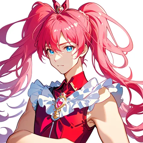 close-up of a baby boy wearing a red and pink crop top dress with a brooch、solo、official artwork、he has long red-pink hair、boy w...