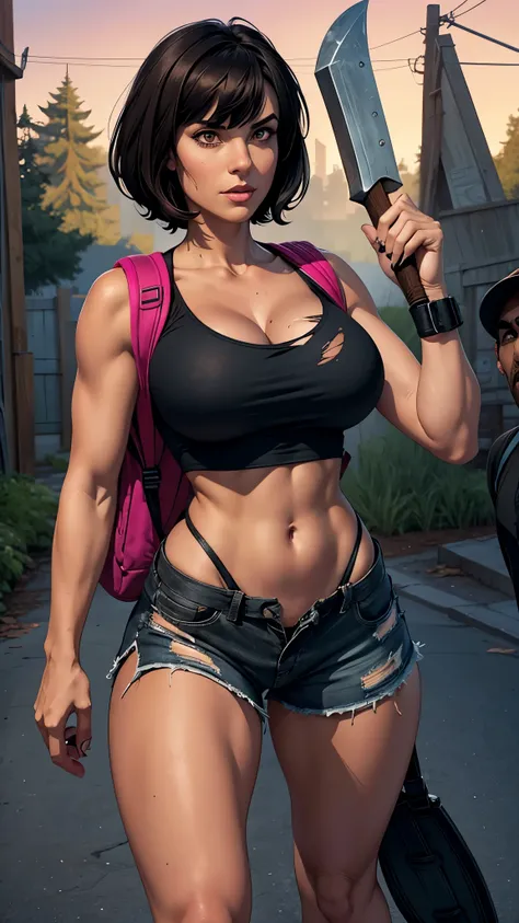 short black hair, with slightly messy bangs.  Dark, penetrating brown eyes.  Thin and marked build.  She wears torn black shorts, blue tennis shoes, and a pink navel blouse with straps. He has an axe in his right hand and a backpack on his back. Busty. Zom...