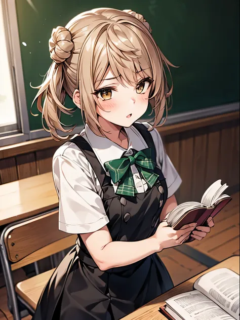 MichishioKC, 1 girl, Solo, Cute Girl,Best Quality, Ultra-detailed, 8K, High resolution, detailed face, in the classroom, reading a book on the desk, black dress, white shirt, short sleeves, green bowtie,