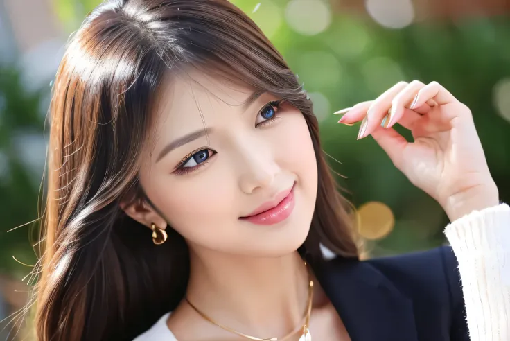 (highest quality,High resolution), Beautiful young female news anchor with defined facial features and long hair, Flowing chestnut hair. sheさまざまな色合いで輝く信じられないほど細かい虹彩を持っています, Give her eyes a captivating charm. Her face is perfectly shaped、The skin has a natu...
