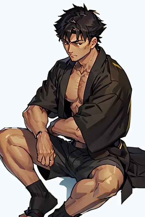 Kiritsugu Emiya is shirtless and sitting in black short boxershorts and flexing his calfes