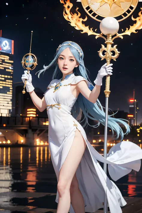 1girl, highres, masterpiece, solo, anime, absurdres, detailed face, perfect eyes, azura (fire emblem), upper body, full body, white dress, jewelry, white gloves, cityscape, holding, staff, singing