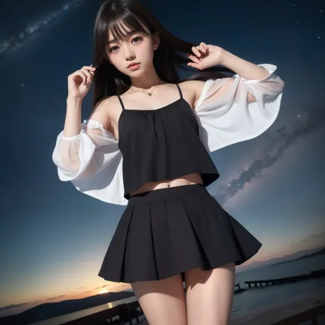 Beautiful images、universe、Fantasy、Shooting start or swarm、Teenage Girl、black eye、Hair length、Starry Sky、Japanese、high school girl、camisole、Fluttering mini skirt、