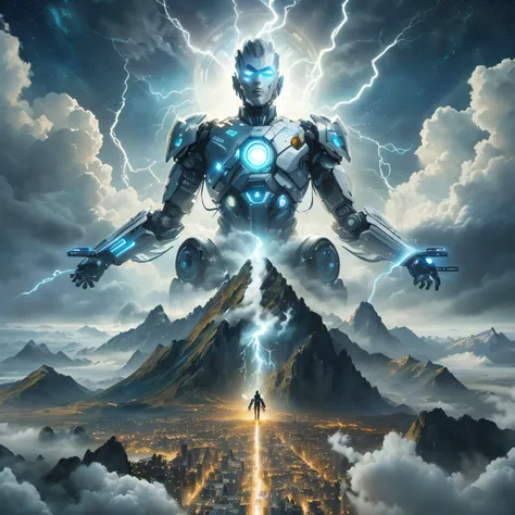 a photo taken from a science fiction film of a man in a suit with lightning coming out of his head, epic fantasy science fiction illustration, science fiction digital art, epic sci-fi digital art, god of artificial intelligence, epic science fiction fantas...