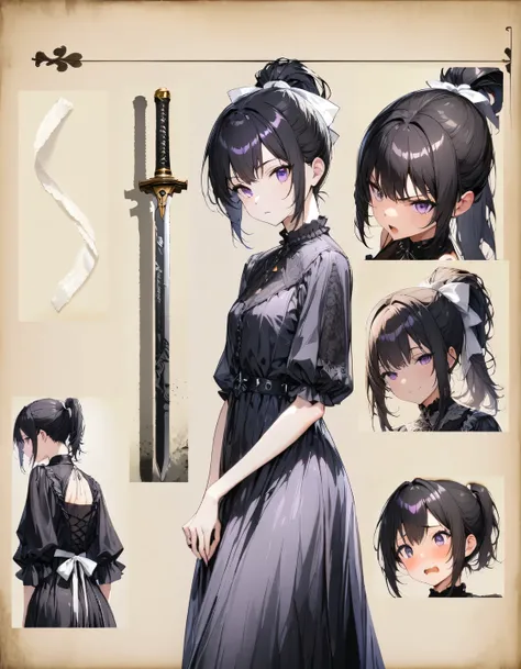 solo lady、shiny black hair、shiny purple eyes、short highponytail
、1white ribbon:1.1、middle breast:0.8、(Gothic Dress:1.1)、(masterpiece)、(absurdres)、(ultra detailed)、(8K)、(viewtifull detailed)、