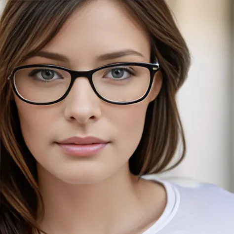 there is a light brunette woman with glasses looking at a cell phone, portrait of a 38 year old woman, wearing reading glasses, wearing large thin round glasses, portrait of brunette, close-up portrait of woman, 38 years old, (38 years old ), wearing white...