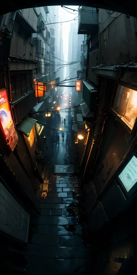 top-quality))、((​masterpiece)、Cyberpunk style alley, wet, rainy, dark, dark skies, dirty streets, full of people, crime scene, view from top to buttom, looking down, fisheye lens, medium height