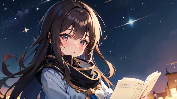 Dark brown haired anime girl holding a book in front of the starry sky, Unfold and hold the book, The girl&#39;s expression is bright and smiling、shirabii, Portrait Anime Astronaut Girl, Loptin and Matcha, Alchemist Girl, Portrait of a girl in the Knights ...