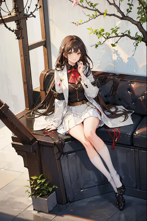 "anime woman, 1 person, wood brown hair, dark brown eyes, long loose hair,((womens shirt)), womens white jacket, white skirt, school uniform, long black stockings, big breasts, shape  Sexy smiley face, sitting on the ground, solo, viewed from many differen...