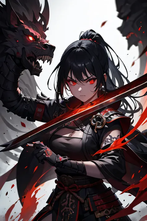 girl, ancient dark evil samurai, evil look, dark scenery, sexi, body covered in blood, tatoos on face and body, red glowing eyes, combat stance, evil, violent, bloody, psychotic, wielding an ancient samurai sword, vibrant appearance, ultra high details, de...