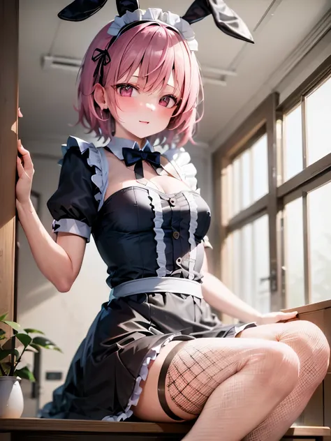 NSFW,Hololive,Rui Takamine,Pink Hair,Short Hair,Bunny ears headband,Maid clothes,mini skirt,Fishnet tights