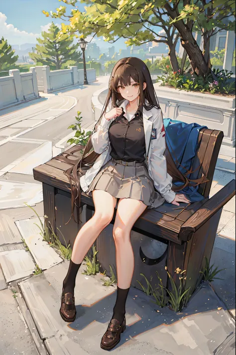 "anime woman, 1 person, wood brown hair, dark brown eyes, long loose hair,((womens shirt)), womens white jacket, white skirt, school uniform, long black stockings, big breasts, shape  Sexy smiley face, sitting on the ground, solo, viewed from many differen...