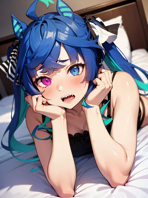 NSFW,Twin_Turbo_Umamusume、Light blue hair、Twin tails、Heterochromia、Purple Eyes、blue eyes、Sharp teeth,Sexy Fashion,(Perfect hands),(Perfect Anatomy),(masterpiece),(highest quality),Love Hotel at Night,bedroom,One man,Having sex,Embarrassed,blush,In heat,A w...