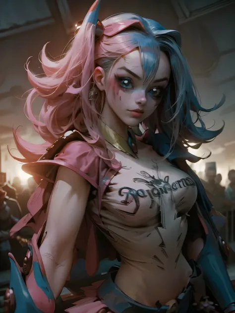 Maga oscura gils vestida de Harley Quinn. Tiene cabello rubio y negro. Ojos azules. Labios rojos. Gils, el mago oscuro, se viste como Harley Quinn. Pose sensual y inocente. Fondo de circo y magia.