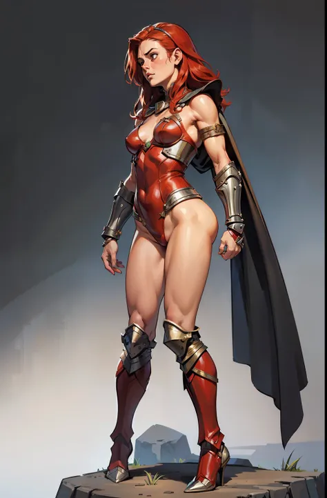 girl, small breasts, look at her shoulders, red sonja armor, medieval boots, gets scared, side view, embarrassed, leans forward, shy, scared, soft or colored lips, simple background, perfect hands, perfect anatomy, forced perspective, leans forward
