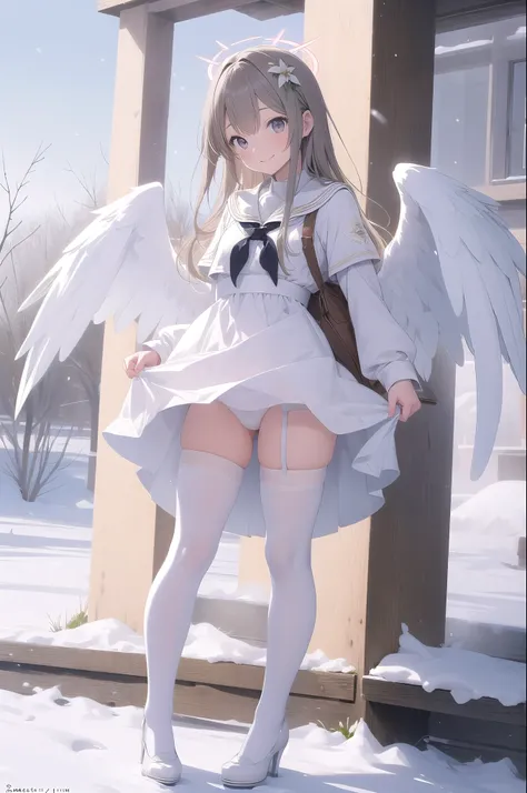 (masterpiece:1.3), (absurdres:1.3), (best quality:1.3), (ultra-detailed:1.3), snow, outdoors, full body, waving, smile, 1girl, nagisa-fi, halo, white wings, long sleeves, white dress, sailor collar, capelet, white skirt, black pantyhose, white high heels,B...