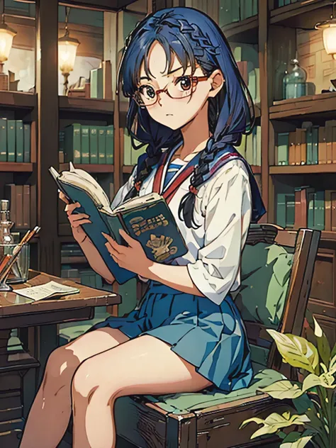 (((masterpiece))) (((background : school theme : library : books ))) ((( character : teenager : tzuyu : nerd : fit body : braide...