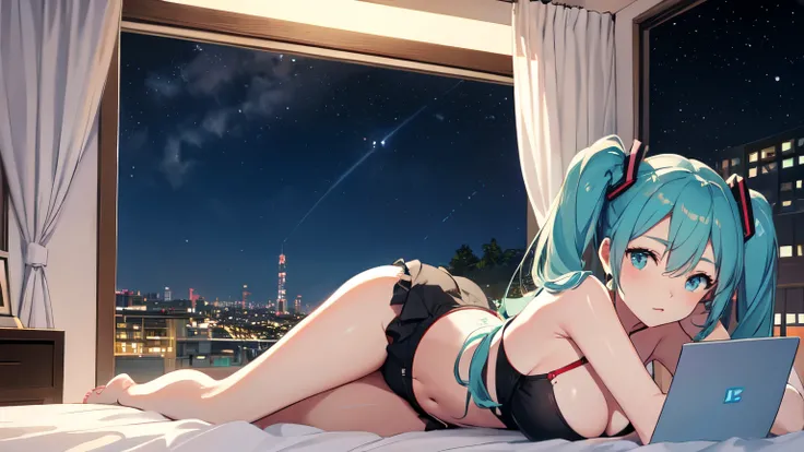 Lying on the bed、Studying on a laptop、Hatsune Miku in a bikini、Beautiful night view outside the window