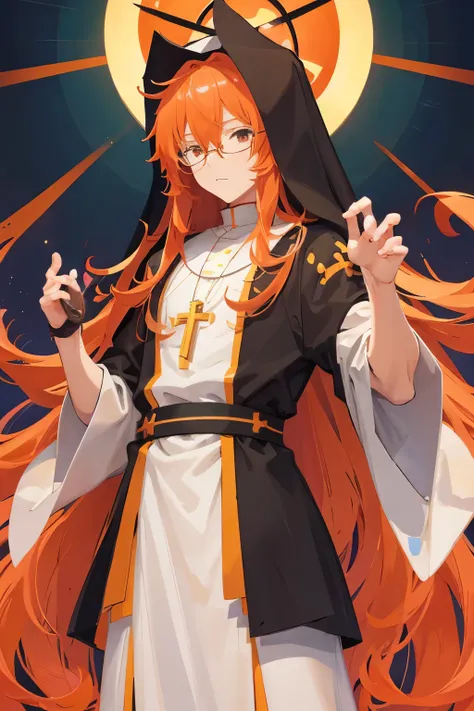 An anime priest, muscular, crab, orange long hair, glasses, tall, bealtiful, cross hood, saint, healer