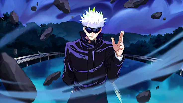 anime character with white hair and sunglasses standing in front of a pond, jujutsu kaisen, joker looks like naruto, joker as naruto, white fox anime, ichigo kurosaki, killua zoldyck black hair, kakashi hatake, killua zoldyck, a silver haired mad, he has d...