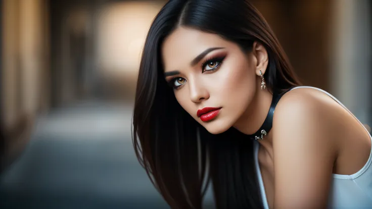 tmasterpiece,best qualtiy,hdr, hyper HD, 8K,Bokeh,Ultra-fine painting,Sharp focus,Physically-based rendering,Extreme detail description,portraitures,half-body photo, choker, (black eyeshadow:1.1), (red lips:0.95), looking at viewer, (EOS R8, 50 millimeters...