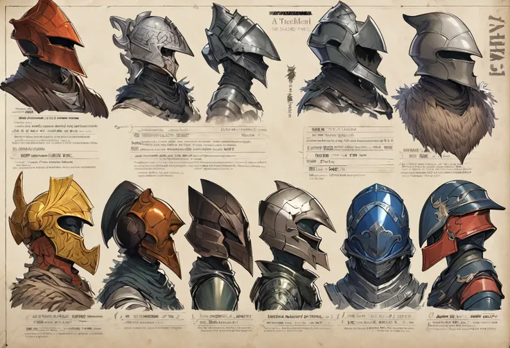 Character Design Sheet，A variety of helmets，Dark Souls style，45 degree side view helmet，Exactly the same angle，Same angle，Neatly arranged，Western Fantasy，watt，very good，Super accurate，Ultra Detailed