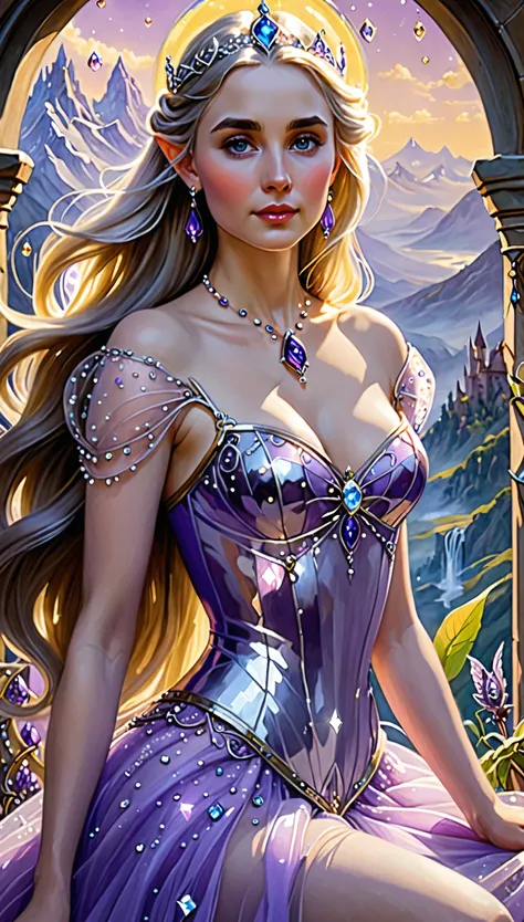 Realism, painting, Fantastic fairy tale, fantastic style, John Tolkien style, small painting by Jean-Baptiste Mo, Close-up. Diamonds + glass beads +beads+ filigree jewelry+ Lush large open female bust + lack of clothes + sensual princess Rapunzel + cleavag...